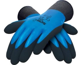 Par af Showa Dual 306 latex arbejdshandsker, str. 8, med en blå yderside og sort belægning på fingre og håndflade, placeret krydsende på hvid baggrund.