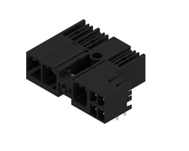 Sort Weidmüller-hybridconnector til printmontering med tre poler, 7,62 mm afstand og 90° udgang.