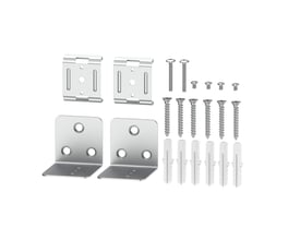 LEDVANCE Office Linear monteringsbeslag til væg med metalbeslag, vinkler, skruer og rawlplugs vist samlet.