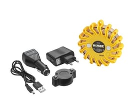 Ironside gult genopladeligt advarselslys med 16 LED set bagfra sammen med opladere, USB-kabel og magnetfod.