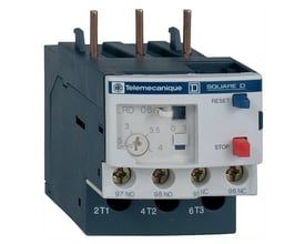 Ældre model af TeSys termorelæ LRD 08, 9-13A, med "Telemecanique SQUARE D" logo, viser reset- og stopknap.