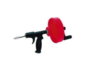 Ridgid Power Spin håndrenser set fra siden, med synlig 6,3 mm x 7,6 m spiral og automatisk fremføringsmekanisme.