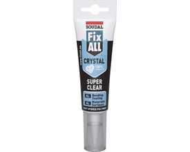 Soudal Fix ALL Crystal multifuge og klæber i 125 ml tube med blå, sort og hvid etiket og klar hætte.