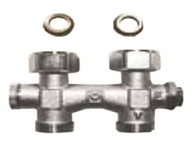 Eurorad ligeløbende H-stykke til 1-strengs radiatorinstallationer med synlige gevind og to pakringe.