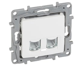 Legrand Niloé dobbelt telefonudtag i hvid med to RJ11 tilslutninger og grå monteringsramme.