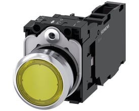 Siemens 22mm trykknap med gul, højglans metalfront og integreret lysmodul, vist med 1NO+1NC kontakter.