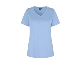 ID Identity Pro Wear Care T-shirt til damer i lys blå med v-hals, fremstillet af bomuld og genanvendt polyester.