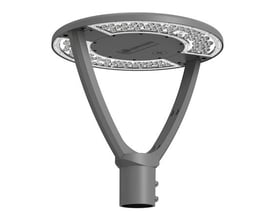 Grå LEDVANCE Urban Lantern Asym mastetoplampe med rund lysflade og buet mastetopbeslag, set nedefra.