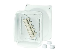 Hensel DK2525G forgreningsdåse med dimensioner 255x205x112 mm, viser 5-polet klemme og kabelindføringer.