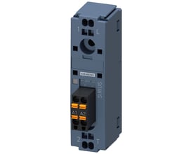 Siemens halvlederrelæ på 20 A til 1-fase, set forfra og fra siden med synlige orange fjederklemmer.