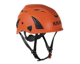 Sidebillede af Kask Plasma AQ sikkerhedshjelm i orange med ventilationshuller og fastgørelsespunkter til tilbehør.
