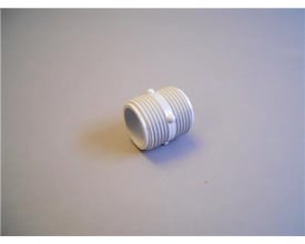 Grå Neoperl-brystnippel i plast med udvendige gevind i begge ender, vist skråt forfra.