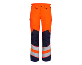 FE Engel arbejdsbukser 2544 i High-Vis orange og mørkeblå med refleksstriber, str. 92, vist på hvid baggrund.