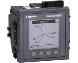 Schneider Electric PM5561 Powermeter med grå front og baggrundsbelyst display, der viser fasordiagram og knapper til navigation.
