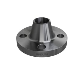 Nærbillede af Indura Welding Neck flange 1 1/4" med synligt Indura logo, viser RF-overfladen og boltehulrum.