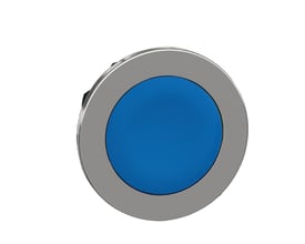 Schneider Electric ZB4F trykknaphoved i blå farve med metalramme, vist fra siden for at fremhæve den plane trykflade.