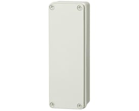 Fibox montagekasse 80x230x85mm i grå polycarbonat med fire synlige skruer, der fastgør det grå låg.
