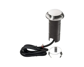 SG Armaturen Luna Deco nedgravningsspot i syrefast stål og mørkt aluminium med tilhørende kabel og monteringsbeslag.