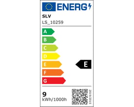 Energimærke for SLV One Linear væglampe, der viser energiklasse E med en sort pil og QR-kode.