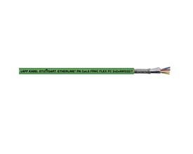 Lapp ETHERLINE PN Cat.5 Y FLEX FC kabel med grøn yderkappe, der viser et snit af de indre ledere og skærmen.