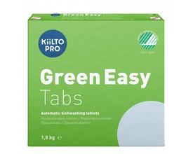 Forsiden af Kiilto PRO Green Easy Tabs emballage, der viser produktnavnet 'Green Easy Tabs' og information om, at det er automatiske opvasketabletter.