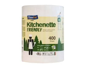 Køkkenrulle Maxi 2-lags fra ClassEur Kitchenette Friendly, 400 stropper i hvid med illustrationer af kok og skov.