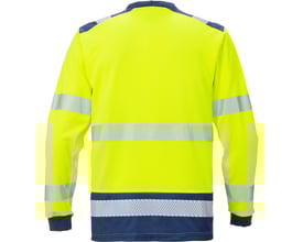 Kansas Fristad HiVis t-shirt 114100 bagfra i gul med mørkeblå detaljer og reflekterende striber på ærmer og bund.
