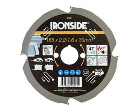 Ironside rundsavklinge til fibercement med fire PCD-tænder og 165 mm klingediameter, set forfra.