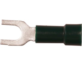 Elpress isoleret gaffelkabelsko grøn til 0,25-0,75mm² Cu-leder med M4 laske, lavet af fortinnet kobber og grøn PC isolering.