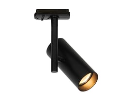 Nordlux Jerome Link Spot er en sort skinnespot med cylindrisk lampehoved, vist skråt med lyset tændt.