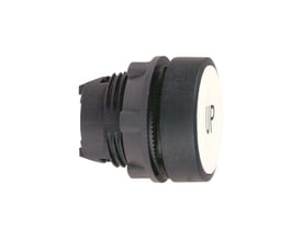 Schneider Electric Harmony Style 5 trykknap, hvid med sort "UP" symbol, Ø 22 mm, monteringsdetaljer synlige.