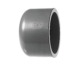 Grå PVC slutmuffe med en indvendig diameter på 75mm, vist med den lukkede ende til venstre og klæbemuffen åben til højre.