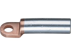 Detaljeret billede af Klauke kabelsko til 240 mm² Al-ledere, M10, vist med kobberforbindelse og aluminiumsrør.