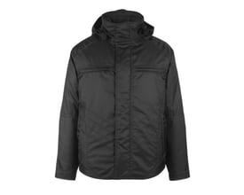 Mascot Frankfurt pilotjakke i sort, str. 3XL, vist forfra med hætte og lynlåslukning. Jakken er vind- og vandtæt og har reflekterende detaljer.