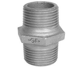 Georg Fischer galvaniseret brystnippel i blødstøbt støbejern med 2" udvendigt gevind i begge ender, viser "+GF+" logo.