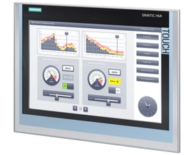 Simatic TP1500 Comfort-touchpanel med 15-tommers bredformatsskærm, vist skråt forfra med betjeningsgrafik på displayet.