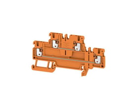 Orange Weidmüller A2T 1.5 OR gennemgangsklemme med to niveauer, set skråt forfra.