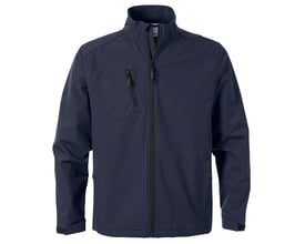 Fristads softshelljakke i mørk marine, størrelse L, set forfra med høj krave, gennemgående lynlås og brystlomme.
