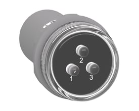 Schneider Electric Harmony XB5 signallampe med 3 LED-lys i grå plast og med nummererede cirkler 1, 2 og 3 på mørk baggrund.