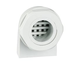 Detaljebillede af Schneider Electric Climasys udluftning, viser den indvendige rist og udvendige gevind.
