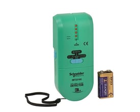 Lauritz Knudsen Blist 3-i-1 led detektor i grøn plast med knapper, lysindikatorer og et 9V batteri ved siden af.