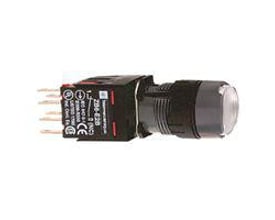 Schneider Electric XB6AW1B5B lampetryk, Ø16mm rund hvid planforsænket med sorte tilslutningsben og mærkat med produktinformation.