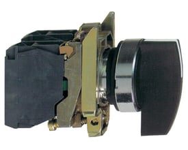 Sidebillede af Schneider Electric Harmony XB4 drejeafbryder, der viser monteringen af kontakter og det sorte, lange greb.
