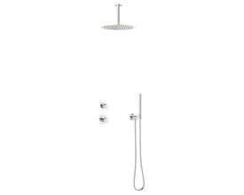 Damixa Iris termostatbatteri med indbygningsdel, rund hovedbruser og stick håndbruser i krom.