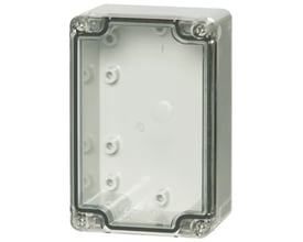 Nærbillede af Fibox Euronorm II monteringskasse, viser det lysegrå polycarbonatmateriale og det gennemsigtige låg.