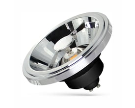 SpectrumLED AR111 GU10 LED-pære på 12 W med sort hus og stor sølvfarvet reflektor, set skråt forfra.