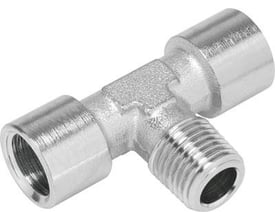 Festo T-forskruning NPFC-T-R38-2G38-MFF af messing og forniklet materiale, med gevind og muffetilslutninger.