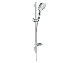 Hansgrohe Raindance Select E120 Eco brusesæt med firkantet krom håndbruser, stang, sæbeskål og slange.