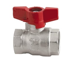 Cimberio kuglehane i messing med 1½" muffe/muffe tilslutning og et rødt T-greb. Godkendt til drikkevand og varmeinstallationer.