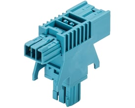 Wieland BST14i2 T-stykke i blå, 2-polet, vist fra siden med stik til venstre og nedad.